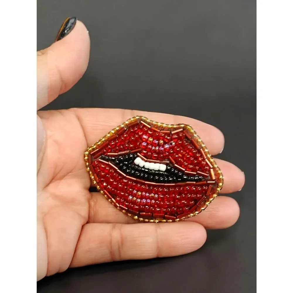 Designer's Murka Handmade Hand Beaded Red Lip Brooch Pin with Gold Trim